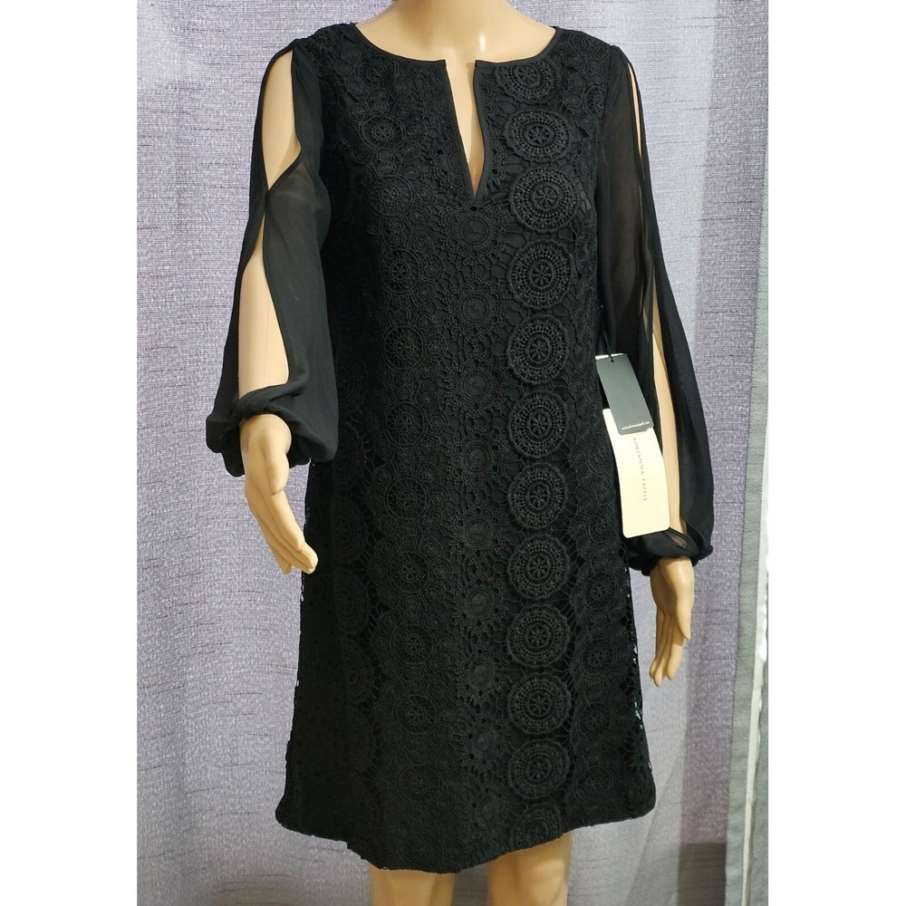 New‎ Adrianna Papell Little Black Dress sheer Sleeve Shift Size 4